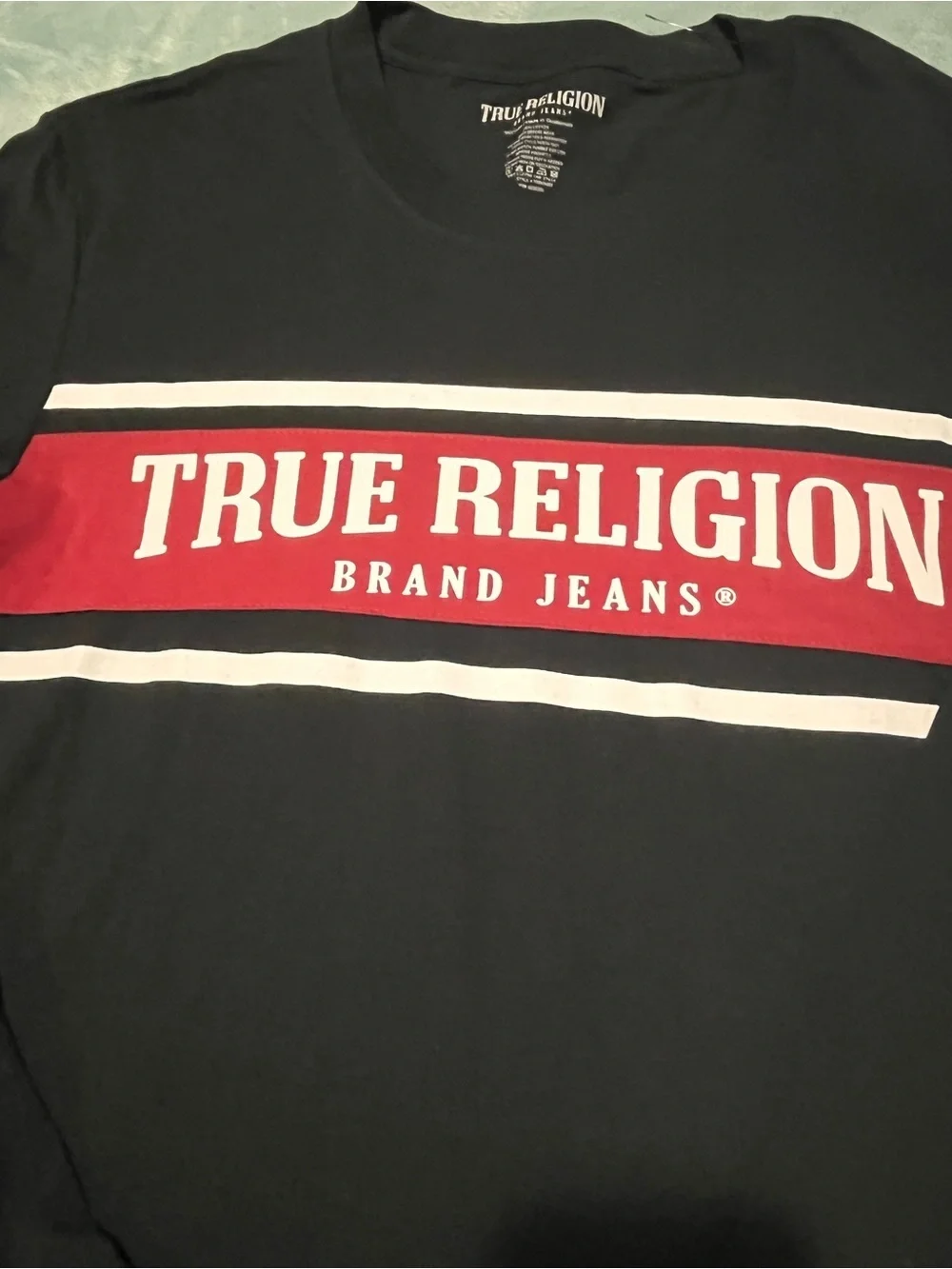True Religion Black Long Sleeve Shirt with Red Chest Panel and White Logo